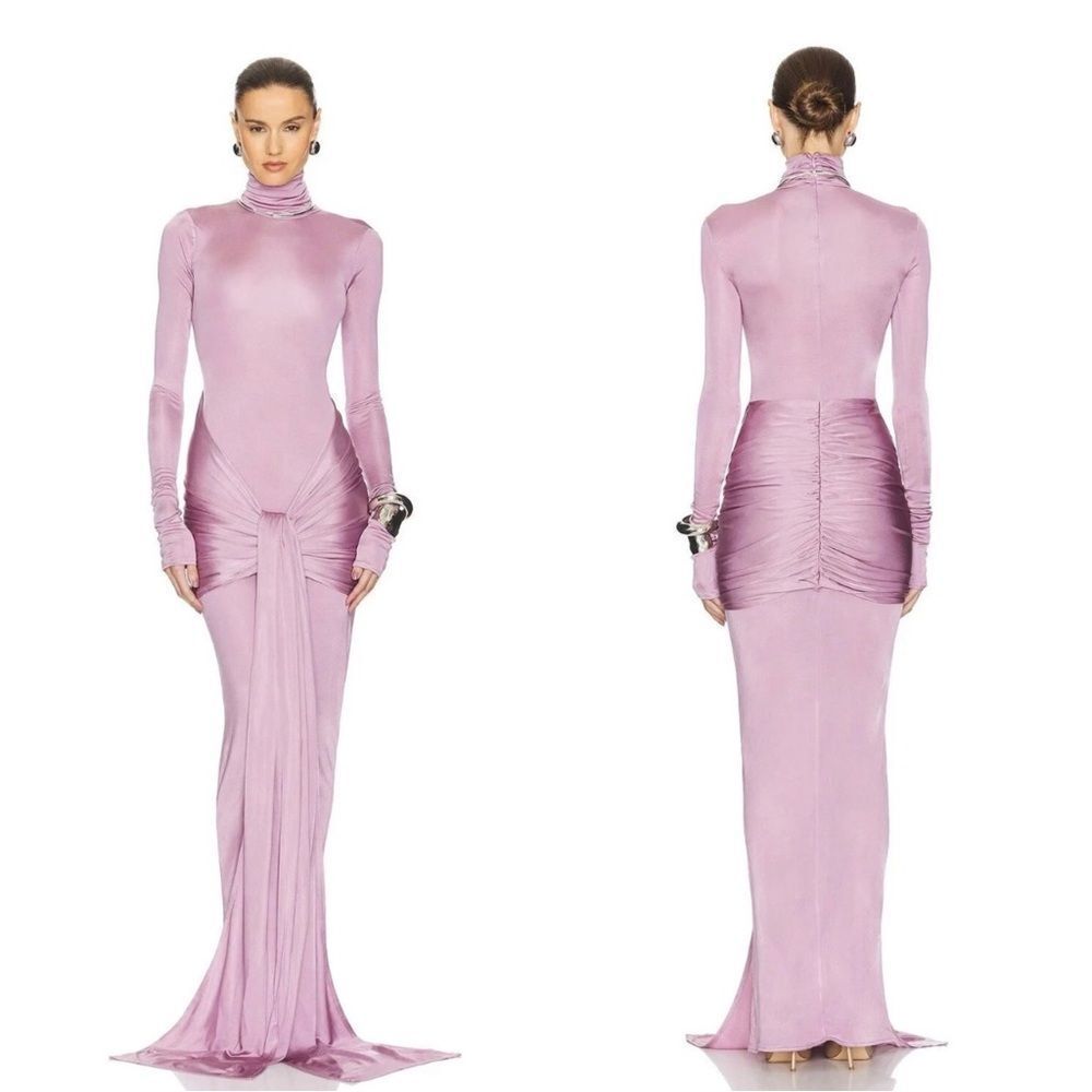 HELSA Slinky Jersey Sarong Maxi Dress in the Elderberry color